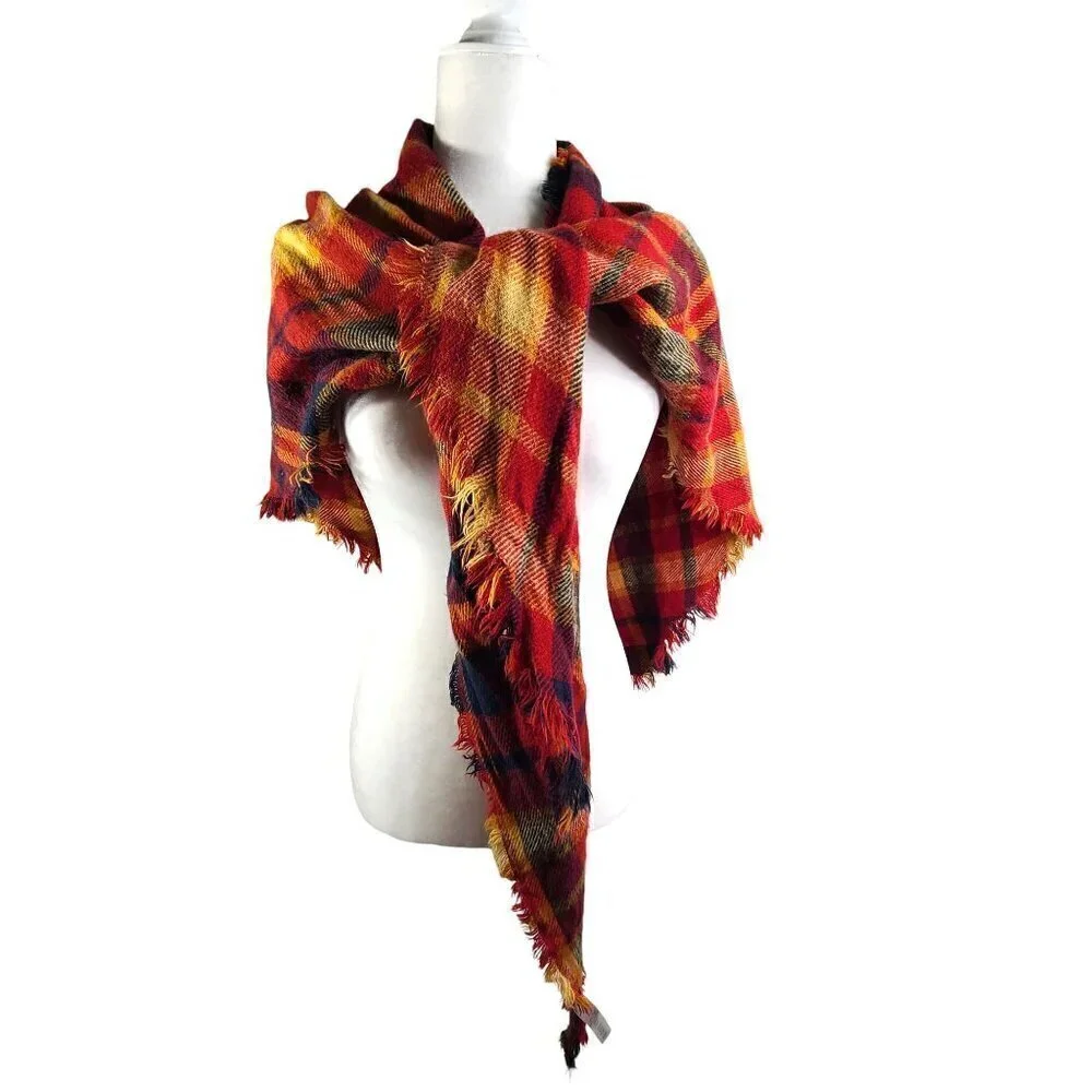 Women's Burnt Orange Red Navy Fringe Plaid Large Triangle Scarf Wrap